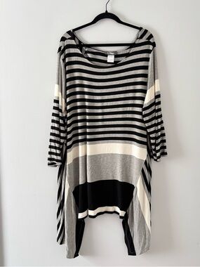 Alembika Asymmetrical Striped Tunic Top Long Sleeve Drape Boatneck Grey Black